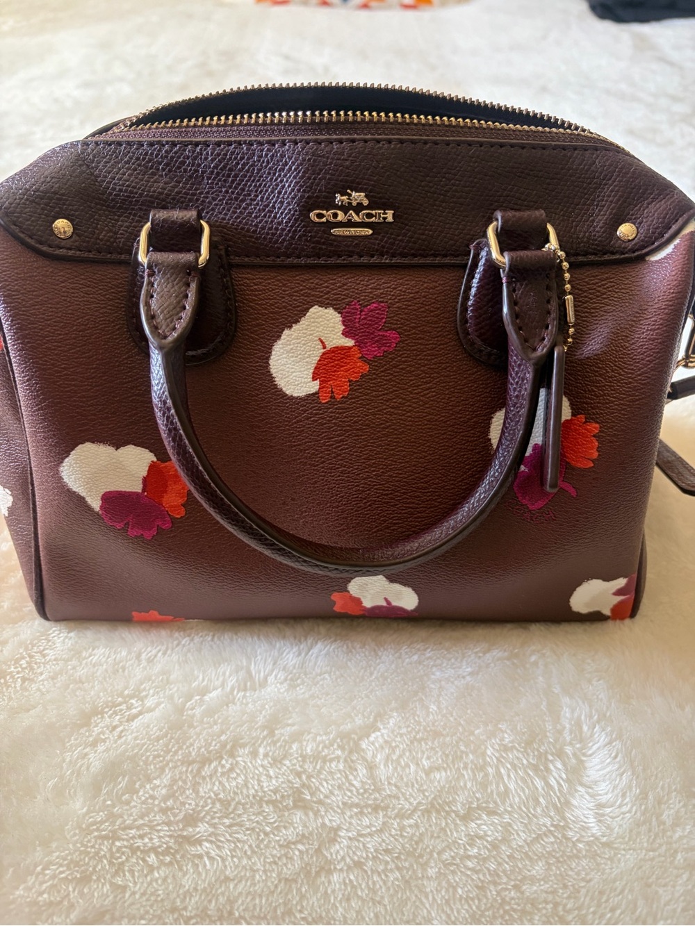 Coach Floral Leather Satchel - Burgundy with White, Pink & Orange Accents